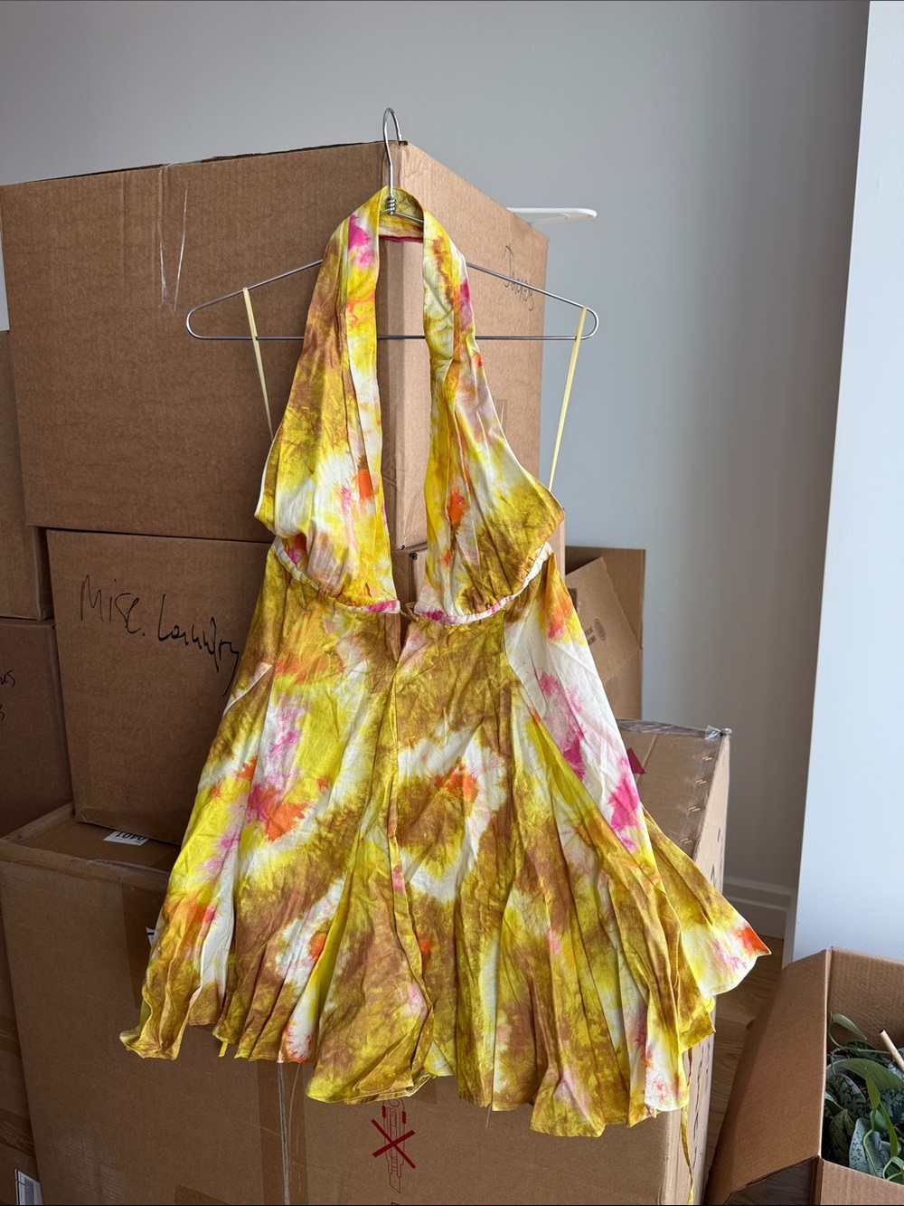 Zara Yellow Tie-Dye Halter Mini Dress with Pink Accents